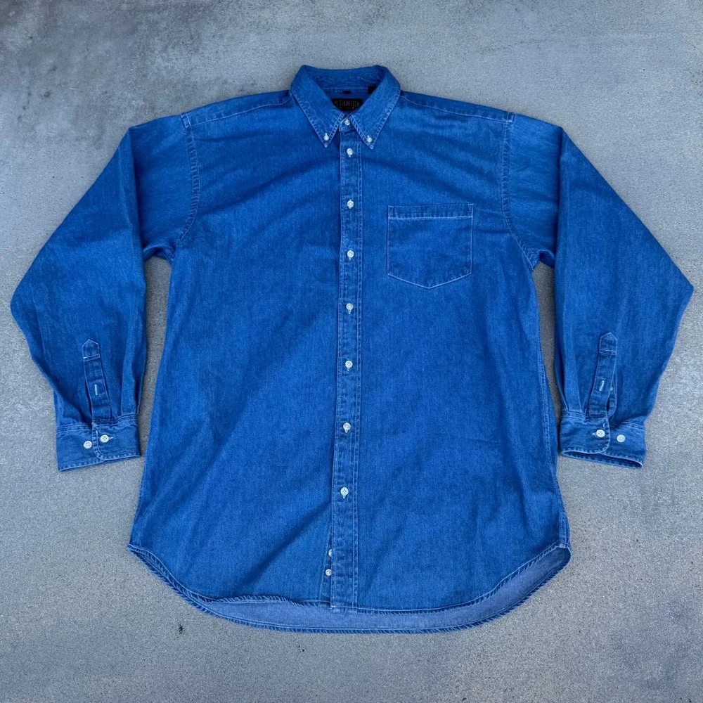 Butterfield Stage Men XL Blue Denim Button Down Shirt Long Sleeve Workwear